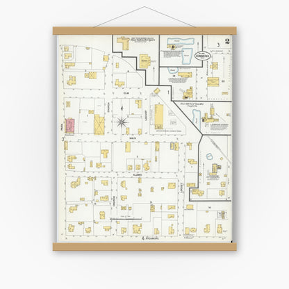 Old map wall art mockup — magnetic wood frame on white wall — Sanborn Fire Insurance Map from Commerce, Hunt County, Texas (1901), Sheet #0002