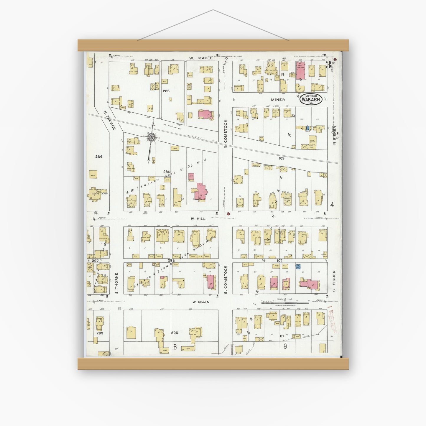 Old map wall art mockup — magnetic wood frame on white wall — Sanborn Fire Insurance Map from Wabash, Wabash County, Indiana (1920), Sheet #0003