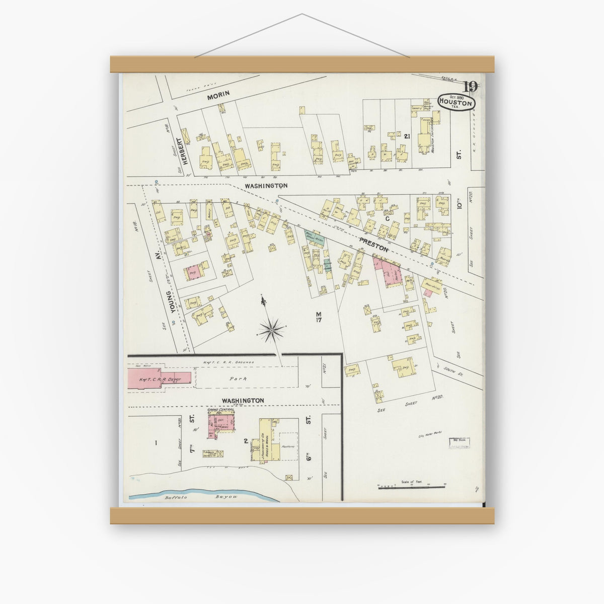 Old map wall art mockup — magnetic wood frame on white wall — Sanborn Fire Insurance Map from Houston, Harris County, Texas (1890), Sheet #0019