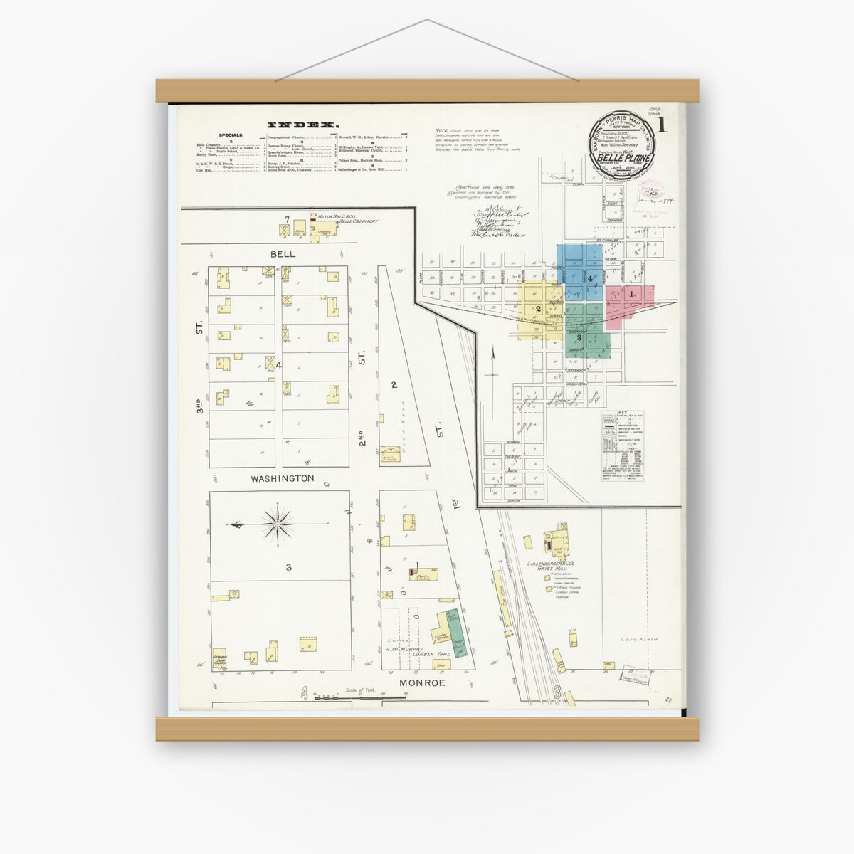 Old map wall art mockup — magnetic wood frame on white wall — Sanborn Fire Insurance Map from Belle Plaine, Benton County, Iowa (1894) â€” Complete Set