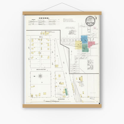 Old map wall art mockup — magnetic wood frame on white wall — Sanborn Fire Insurance Map from Belle Plaine, Benton County, Iowa (1894) â€” Complete Set