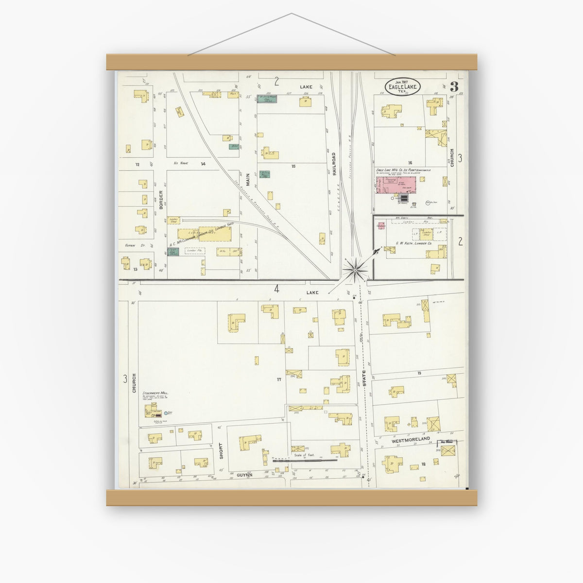 Old map wall art mockup — magnetic wood frame on white wall — Sanborn Fire Insurance Map from Eagle Lake, Colorado County, Texas (1907), Sheet #0003