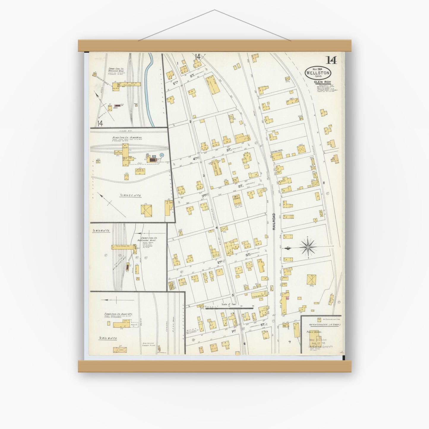 Old map wall art mockup — magnetic wood frame on white wall — Sanborn Fire Insurance Map from Wellston, Jackson County, Ohio (1904), Sheet #0014