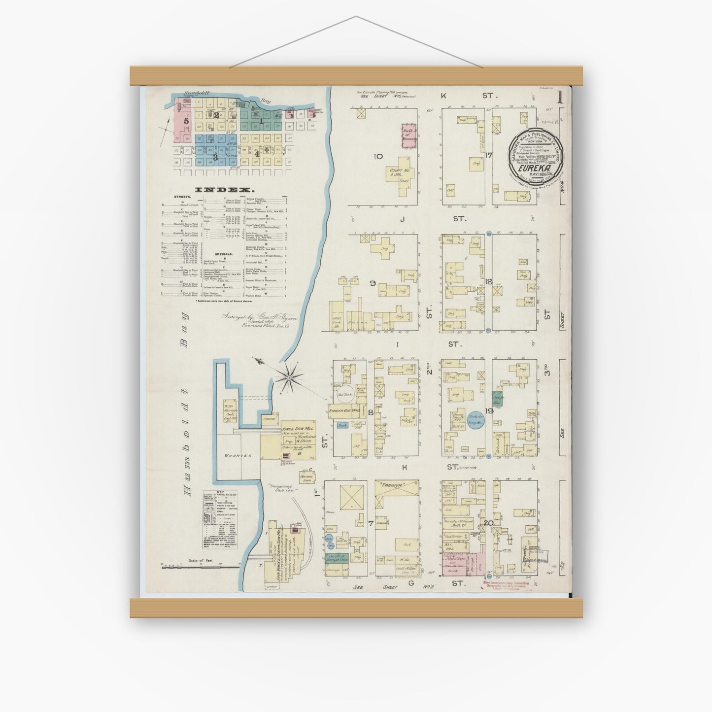 Old map wall art mockup — magnetic wood frame on white wall — Sanborn Fire Insurance Map from Eureka, Humboldt County, California (1886) - Complete Map Set