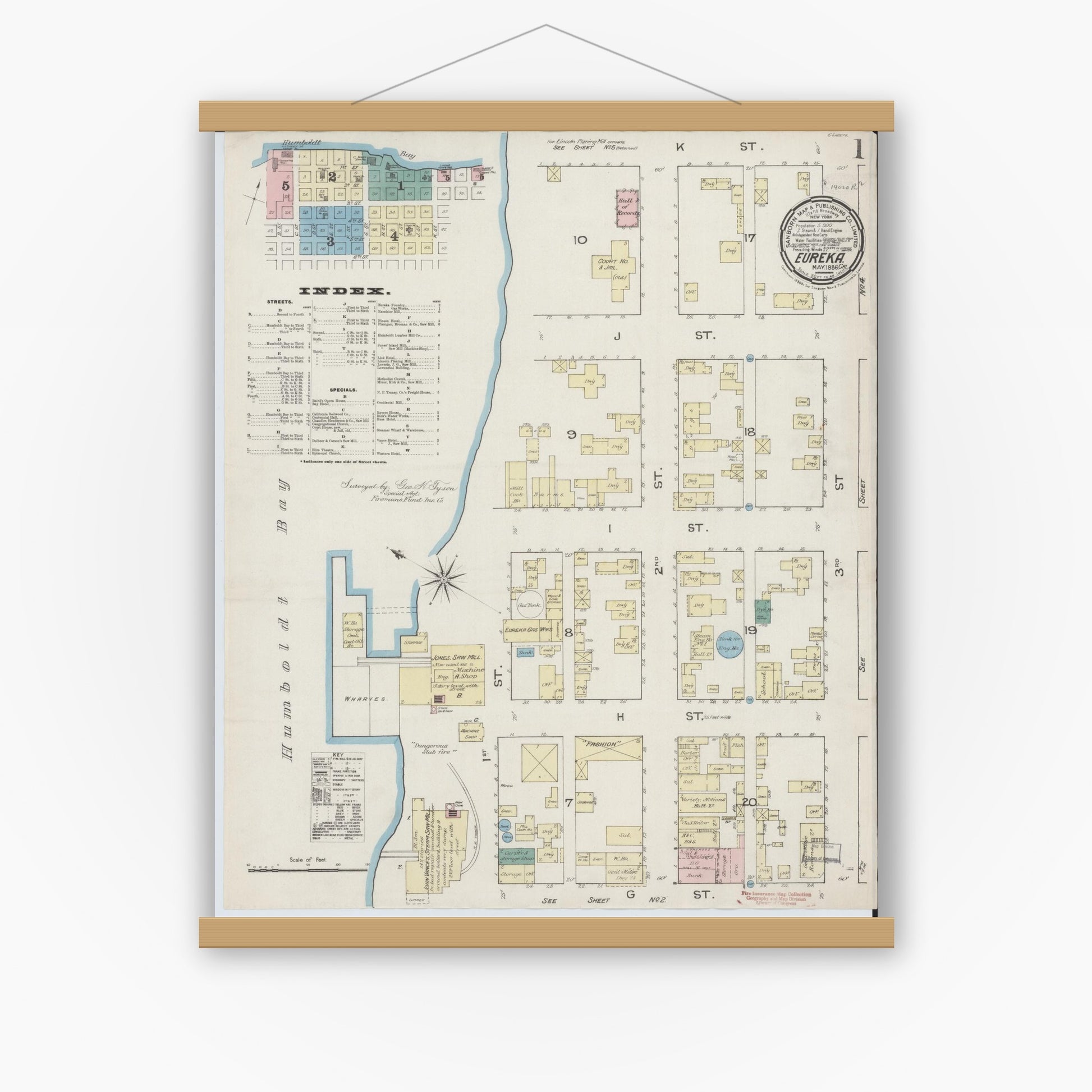 Old map wall art mockup — magnetic wood frame on white wall — Sanborn Fire Insurance Map from Eureka, Humboldt County, California (1886) - Complete Map Set