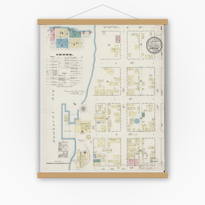 Old map wall art mockup — magnetic wood frame on white wall — Sanborn Fire Insurance Map from Eureka, Humboldt County, California (1886) - Complete Map Set