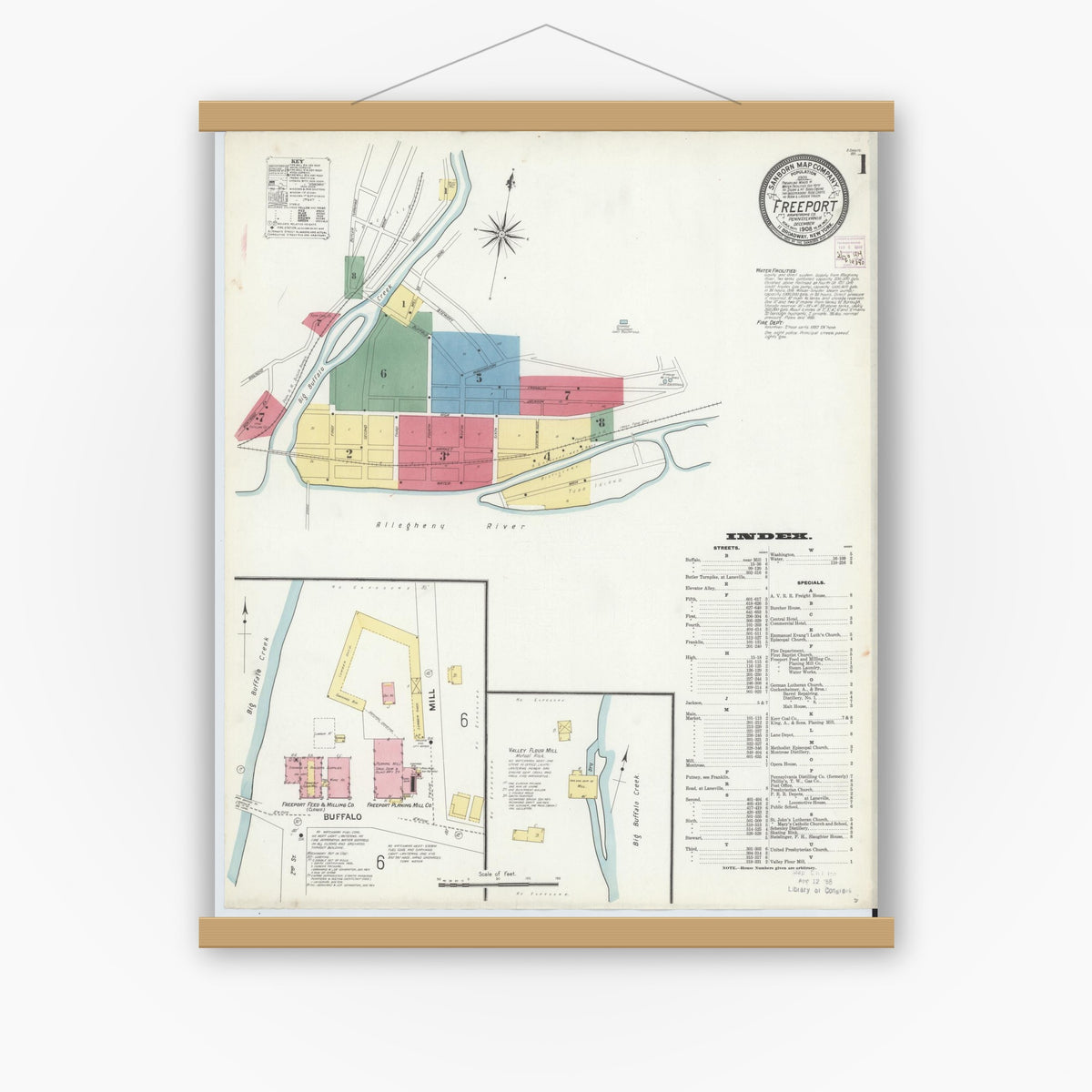 Old map wall art mockup — magnetic wood frame on white wall — Sanborn Fire Insurance Map from Freeport, Armstrong County, Pennsylvania (1908) - Complete Map Set