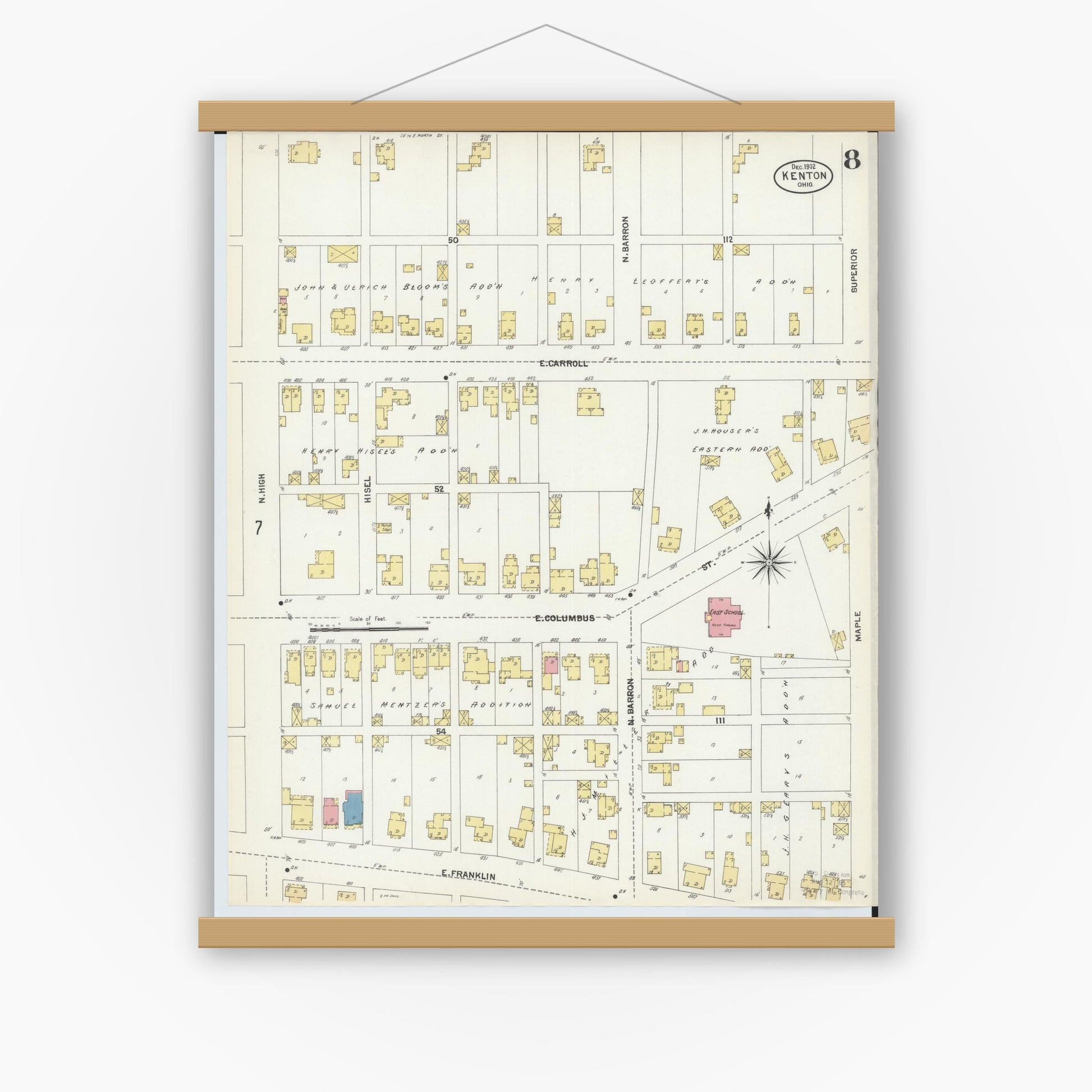 Old map wall art mockup — magnetic wood frame on white wall — Sanborn Fire Insurance Map from Kenton, Hardin County, Ohio (1902), Sheet #0008