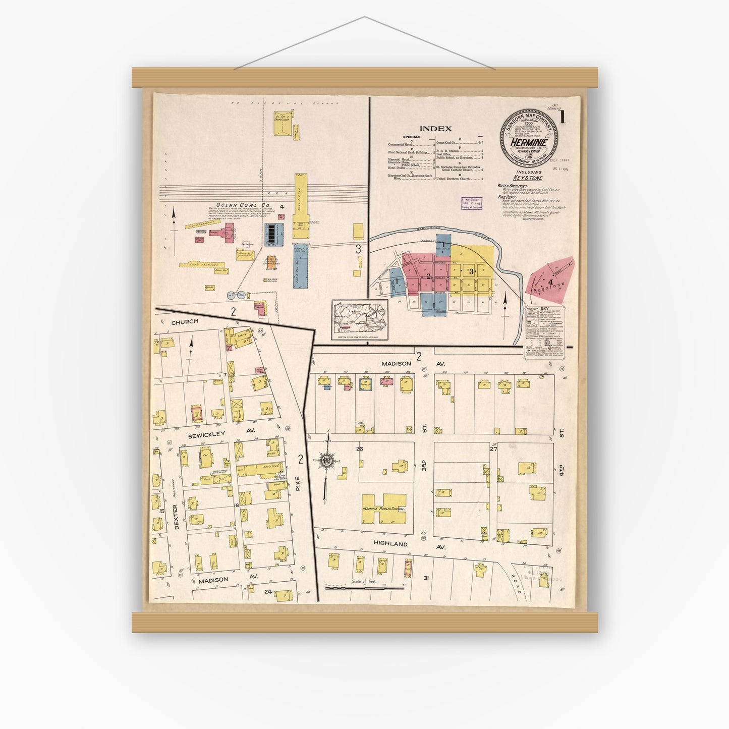 Old map wall art mockup — magnetic wood frame on white wall — Sanborn Fire Insurance Map from Herminie, Westmoreland County, Pennsylvania (1916), Sheet #0001