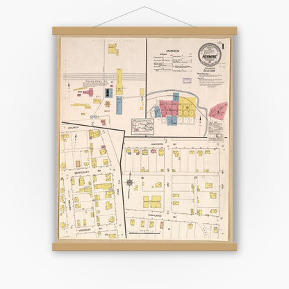 Old map wall art mockup — magnetic wood frame on white wall — Sanborn Fire Insurance Map from Herminie, Westmoreland County, Pennsylvania (1916), Sheet #0001