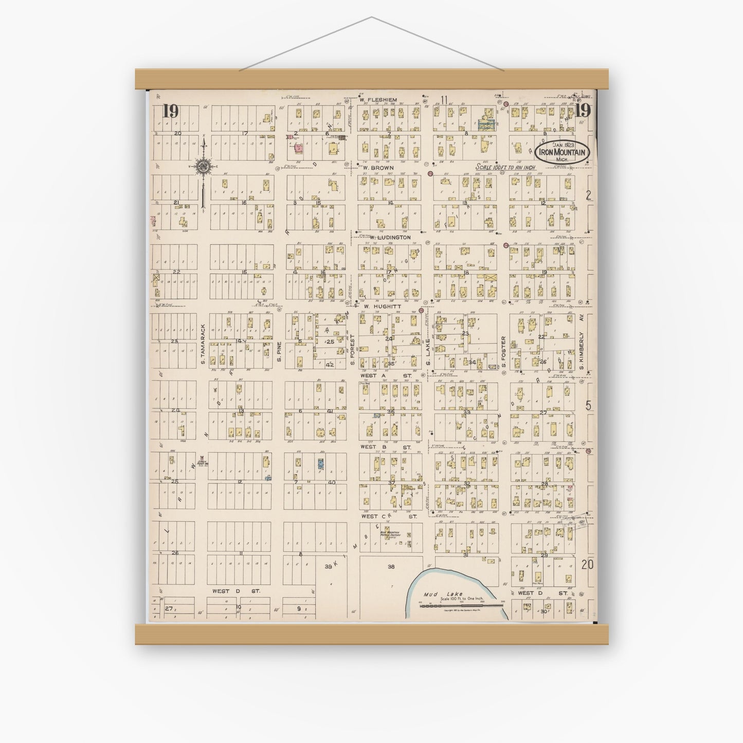 Old map wall art mockup — magnetic wood frame on white wall — Sanborn Fire Insurance Map from Iron Mountain, Dickinson County, Michigan (1923), Sheet #0019
