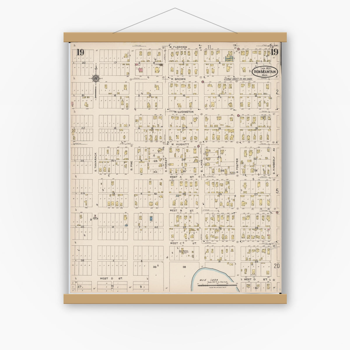 Old map wall art mockup — magnetic wood frame on white wall — Sanborn Fire Insurance Map from Iron Mountain, Dickinson County, Michigan (1923), Sheet #0019
