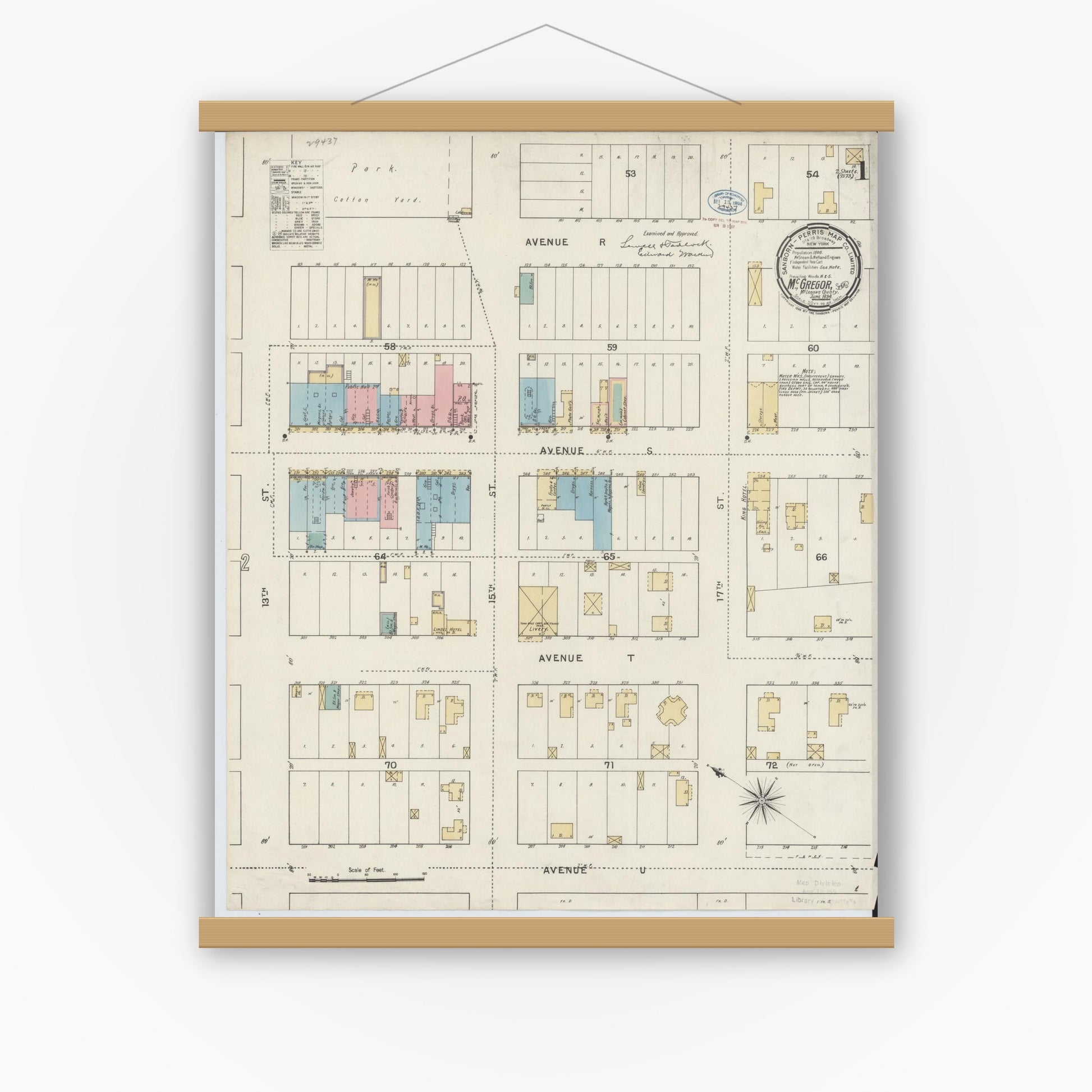 Old map wall art mockup — magnetic wood frame on white wall — Sanborn Fire Insurance Map from McGregor, McLennan County, Texas (1894), Sheet #0001