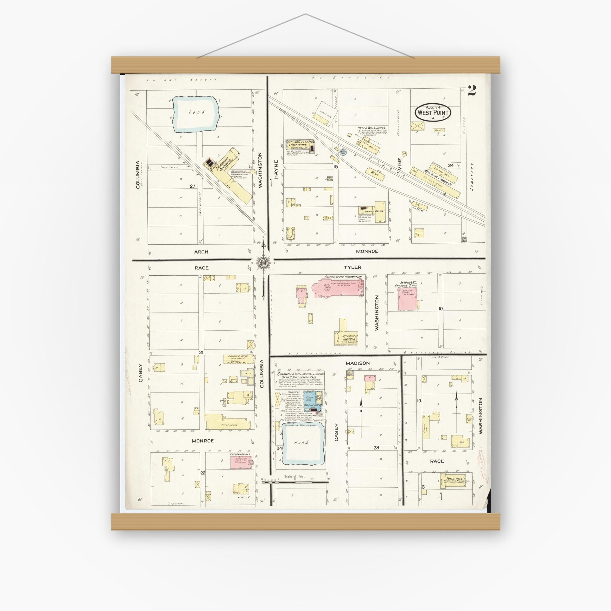 Old map wall art mockup — magnetic wood frame on white wall — Sanborn Fire Insurance Map from West Point, Lee County, Iowa (1914), Sheet #0002