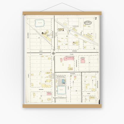 Old map wall art mockup — magnetic wood frame on white wall — Sanborn Fire Insurance Map from West Point, Lee County, Iowa (1914), Sheet #0002