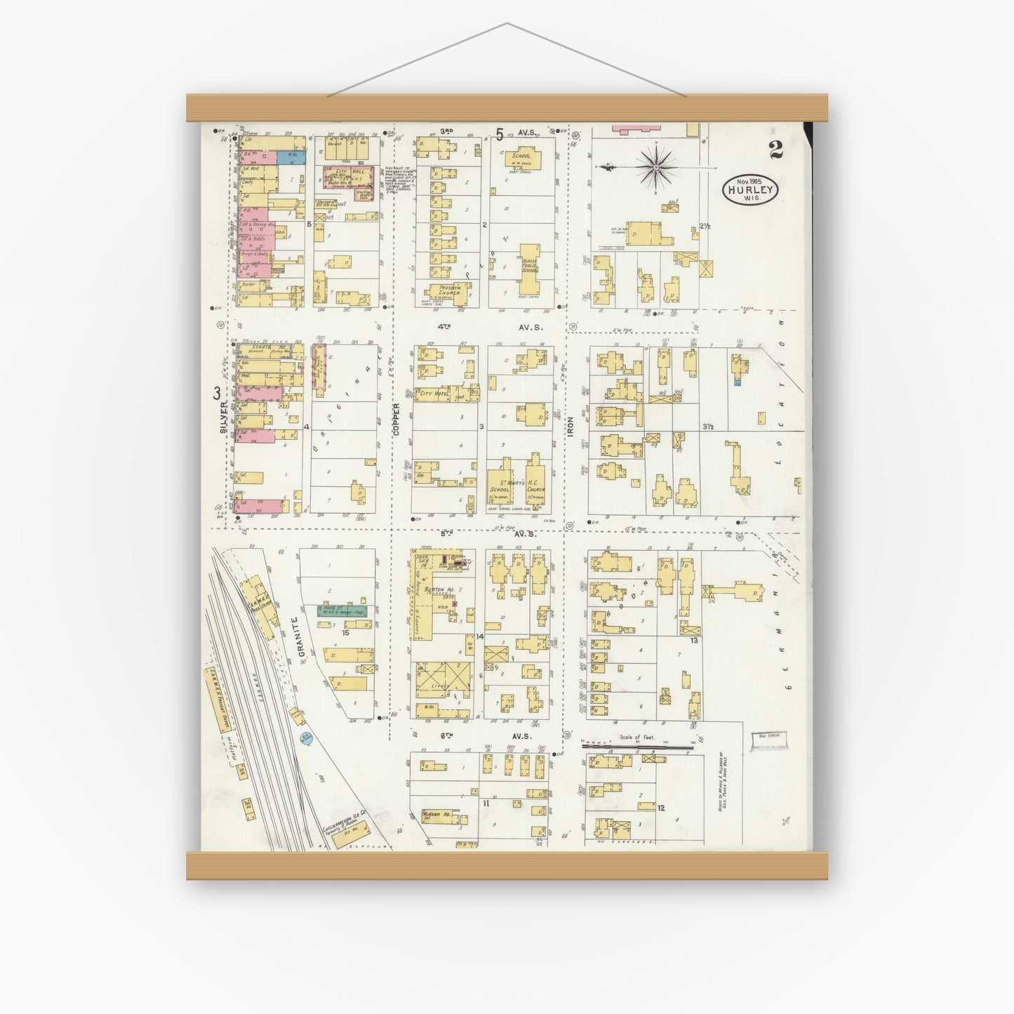 Old map wall art mockup — magnetic wood frame on white wall — Sanborn Fire Insurance Map from Hurley, Iron County, Wisconsin (1905), Sheet #0002