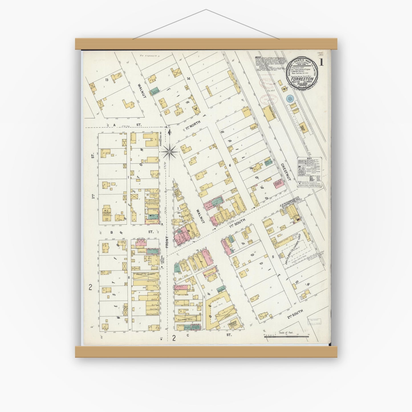 Old map wall art mockup — magnetic wood frame on white wall — Sanborn Fire Insurance Map from Forreston, Ogle County, Illinois (1899), Sheet #0001