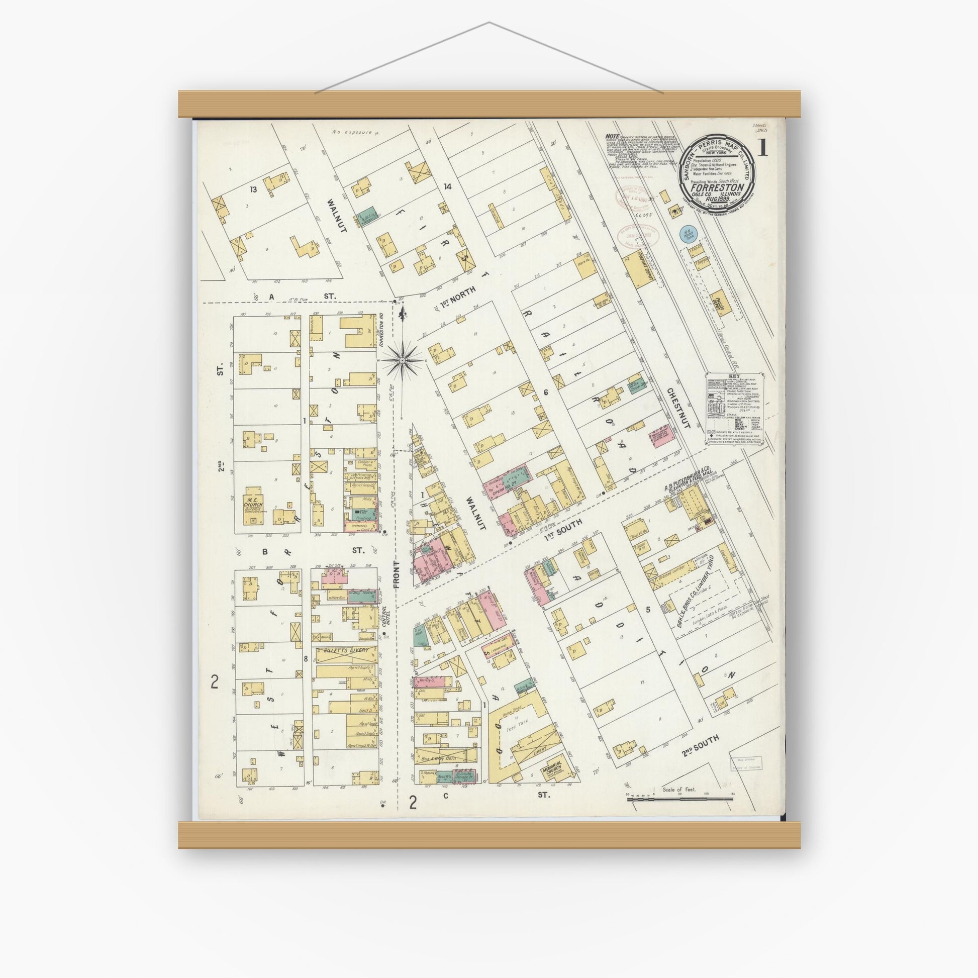 Old map wall art mockup — magnetic wood frame on white wall — Sanborn Fire Insurance Map from Forreston, Ogle County, Illinois (1899), Sheet #0001