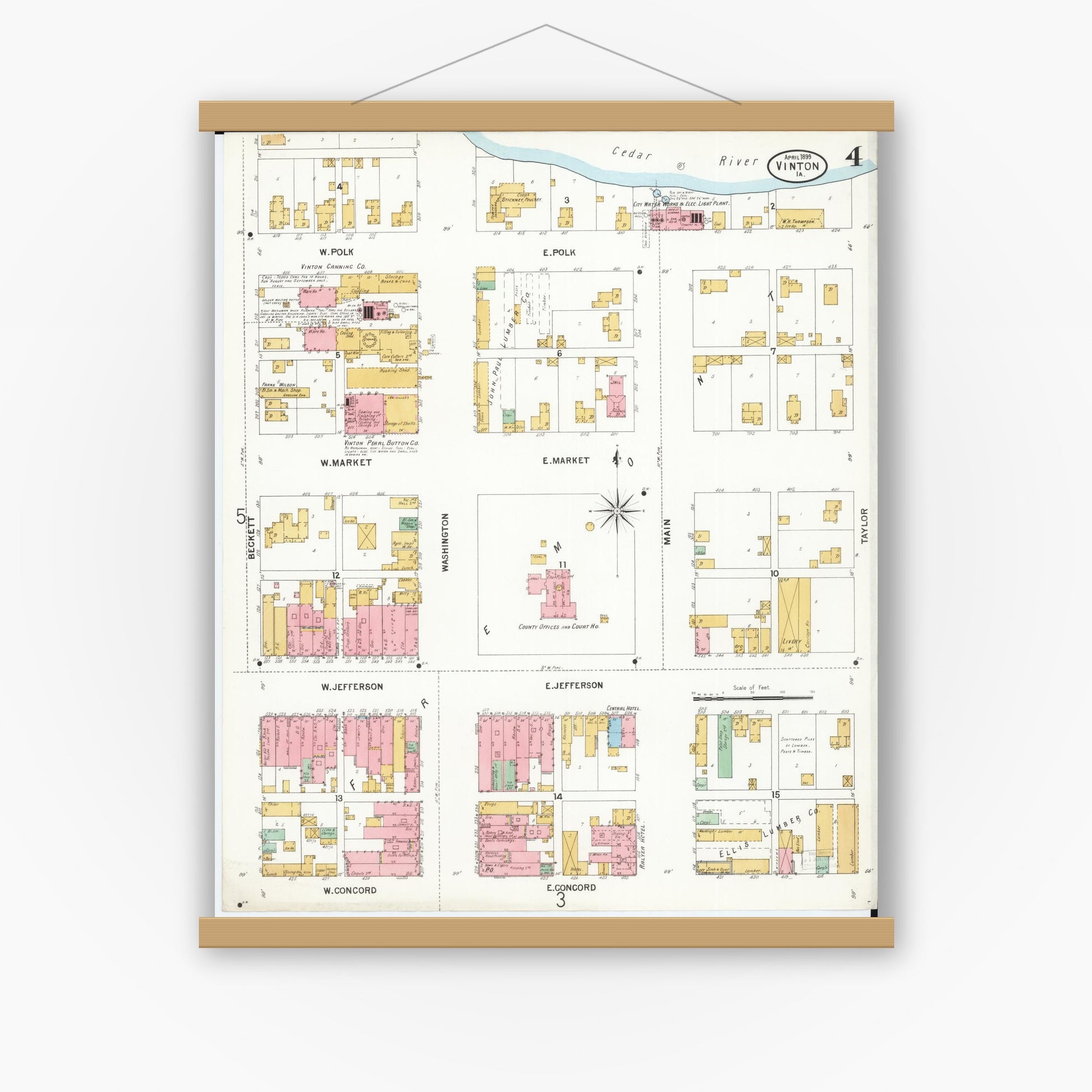 Old map wall art mockup — magnetic wood frame on white wall — Sanborn Fire Insurance Map from Vinton, Benton County, Iowa (1899), Sheet #0004