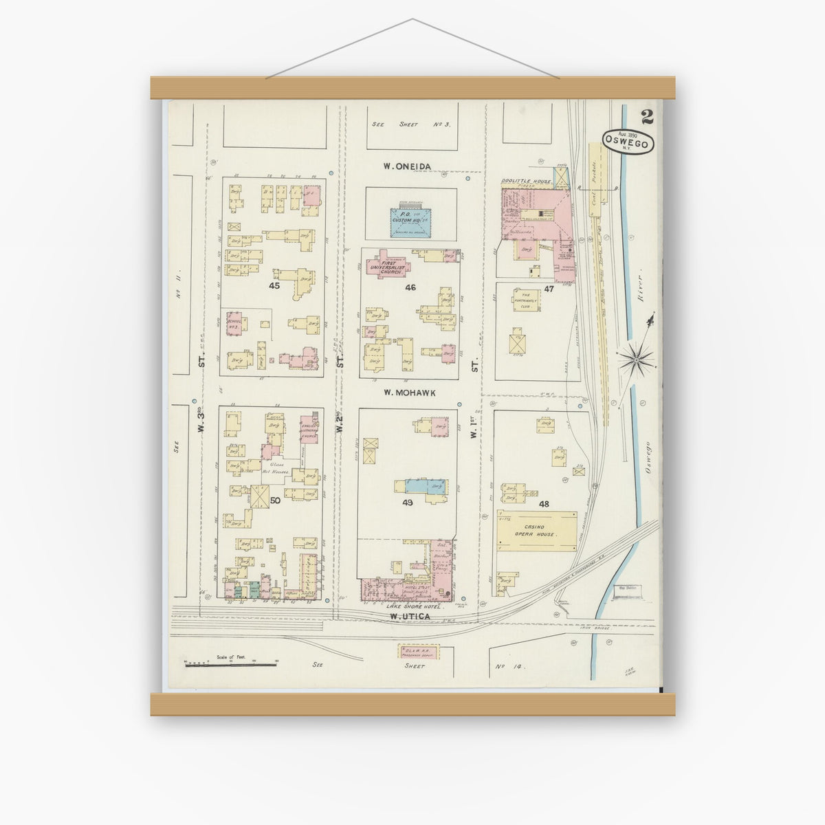 Old map wall art mockup — magnetic wood frame on white wall — Sanborn Fire Insurance Map from Oswego, Oswego County, New York (1890), Sheet #0002