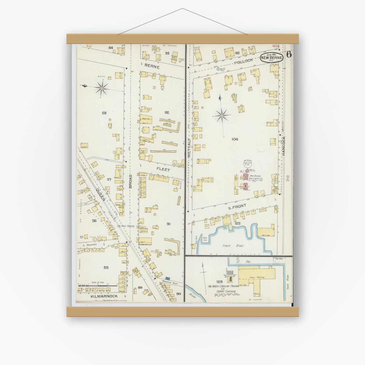 Old map wall art mockup — magnetic wood frame on white wall — Sanborn Fire Insurance Map from New Bern, Craven County, North Carolina (1893), Sheet #0006