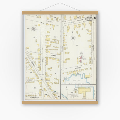 Old map wall art mockup — magnetic wood frame on white wall — Sanborn Fire Insurance Map from New Bern, Craven County, North Carolina (1893), Sheet #0006