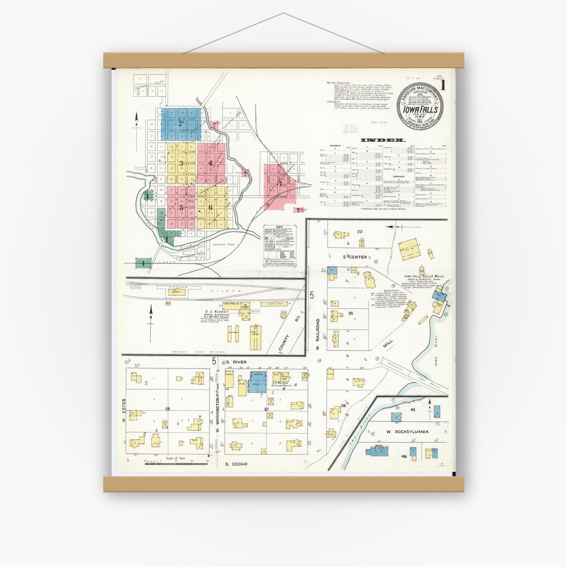 Old map wall art mockup — magnetic wood frame on white wall — Sanborn Fire Insurance Map from Iowa Falls, Hardin County, Iowa (1911) â€” Complete Set