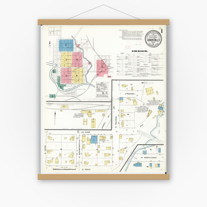 Old map wall art mockup — magnetic wood frame on white wall — Sanborn Fire Insurance Map from Iowa Falls, Hardin County, Iowa (1911) â€” Complete Set