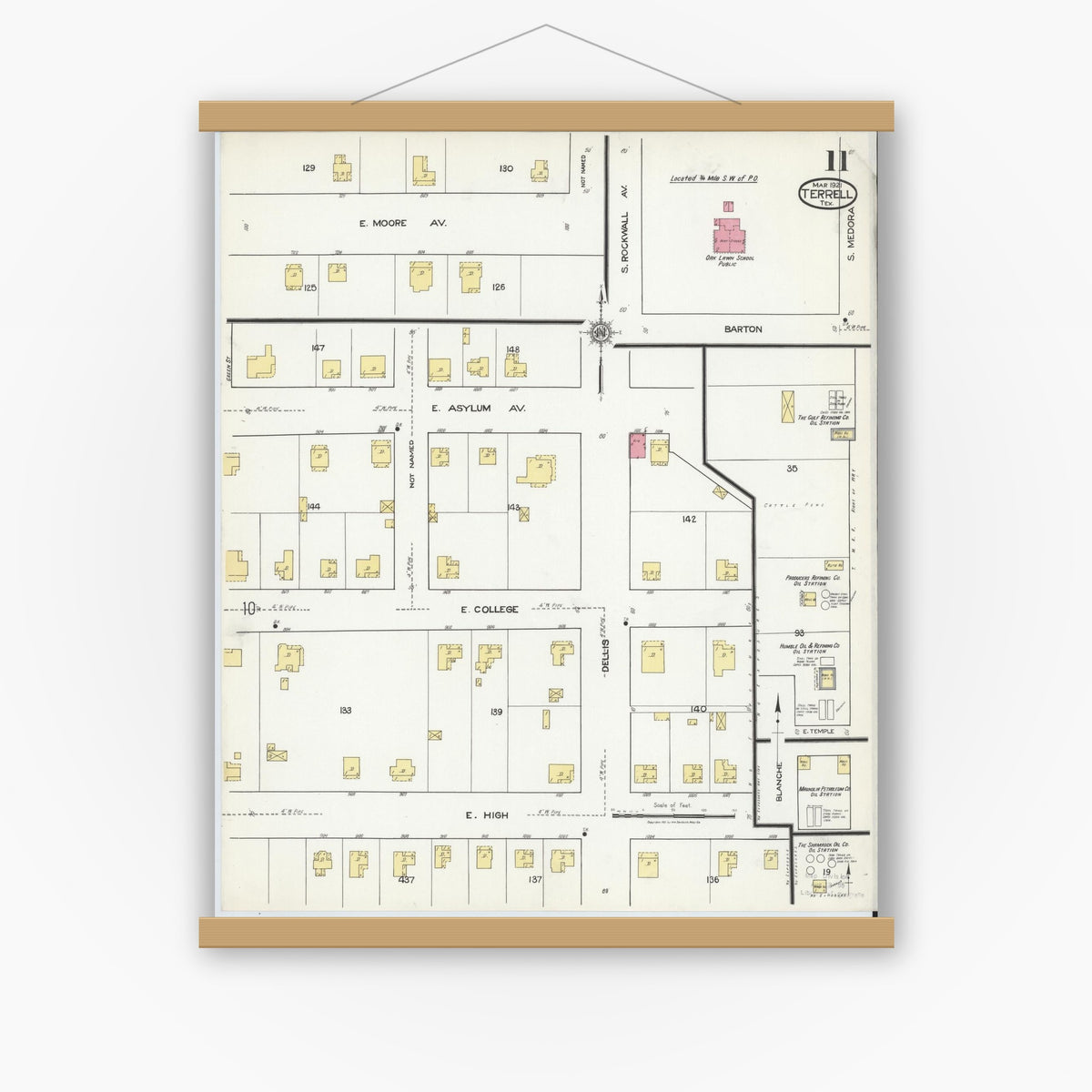 Old map wall art mockup — magnetic wood frame on white wall — Sanborn Fire Insurance Map from Terrell, Kaufman County, Texas (1921), Sheet #0011