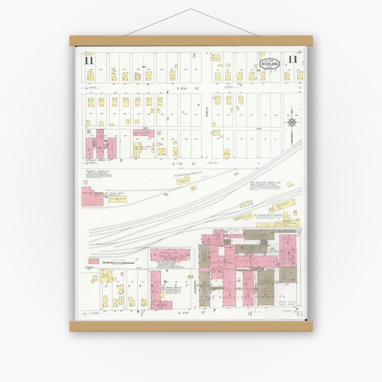 Old map wall art mockup — magnetic wood frame on white wall — Sanborn Fire Insurance Map from Ashland, Ashland County, Ohio (1930), Sheet #0011