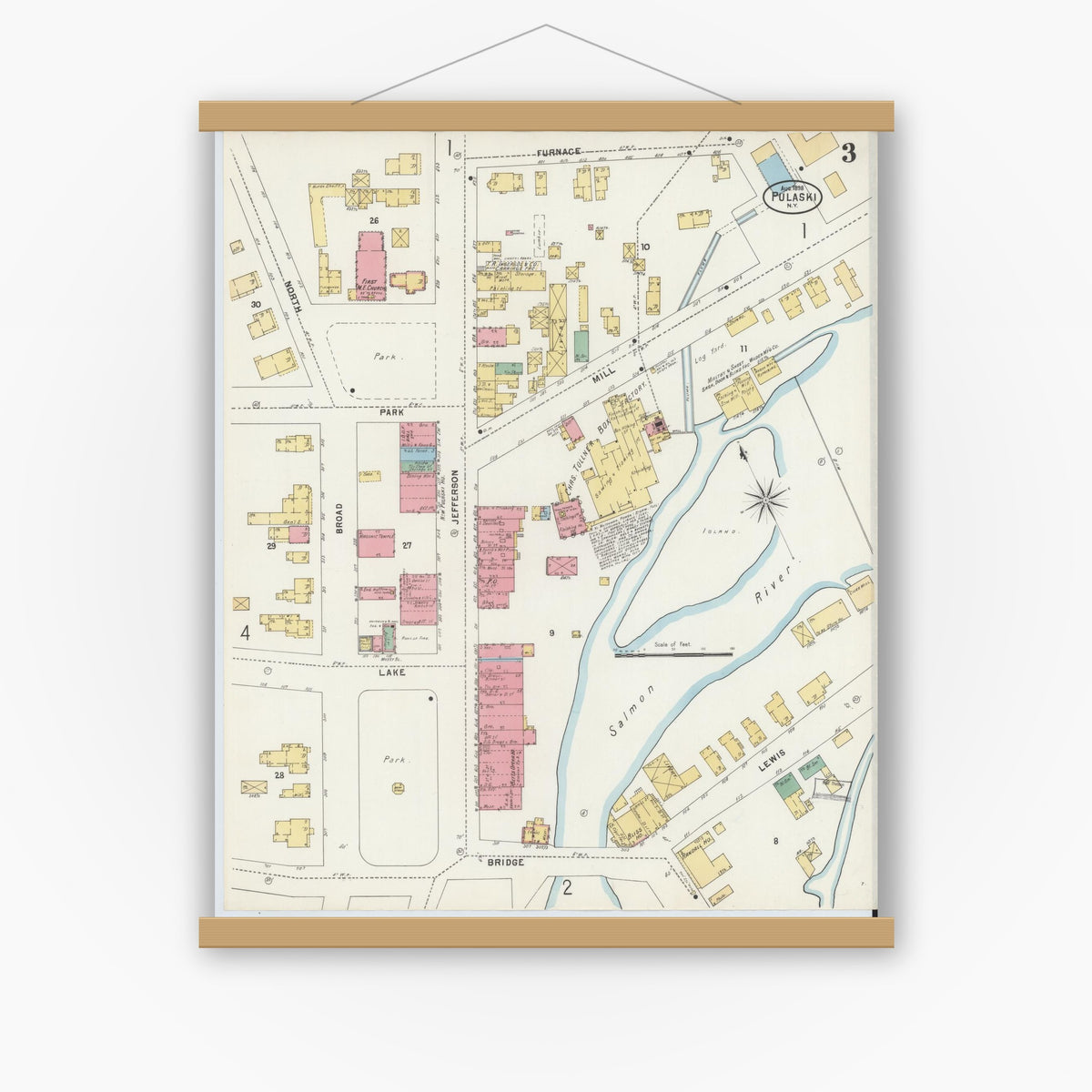 Old map wall art mockup — magnetic wood frame on white wall — Sanborn Fire Insurance Map from Pulaski, Oswego County, New York (1898), Sheet #0003
