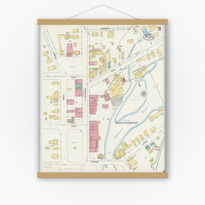 Old map wall art mockup — magnetic wood frame on white wall — Sanborn Fire Insurance Map from Pulaski, Oswego County, New York (1898), Sheet #0003