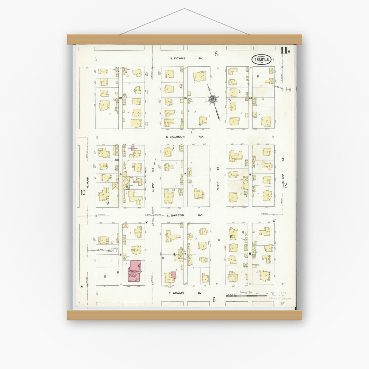 Old map wall art mockup — magnetic wood frame on white wall — Sanborn Fire Insurance Map from Temple, Bell County, Texas (1910), Sheet #0011