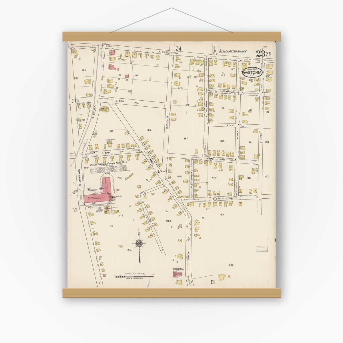 Old map wall art mockup — magnetic wood frame on white wall — Sanborn Fire Insurance Map from Gastonia, Gaston County, North Carolina (1922), Sheet #0023