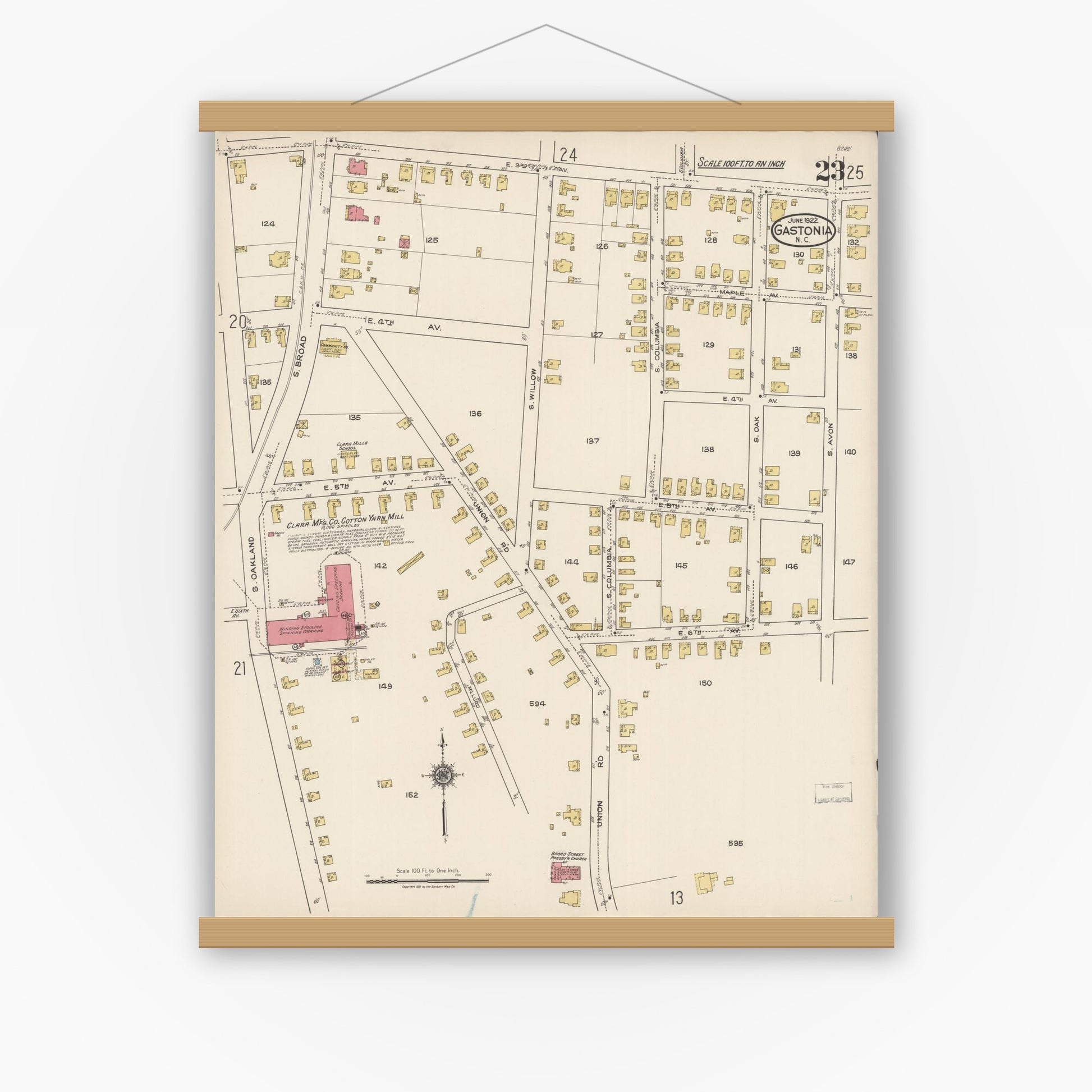 Old map wall art mockup — magnetic wood frame on white wall — Sanborn Fire Insurance Map from Gastonia, Gaston County, North Carolina (1922), Sheet #0023