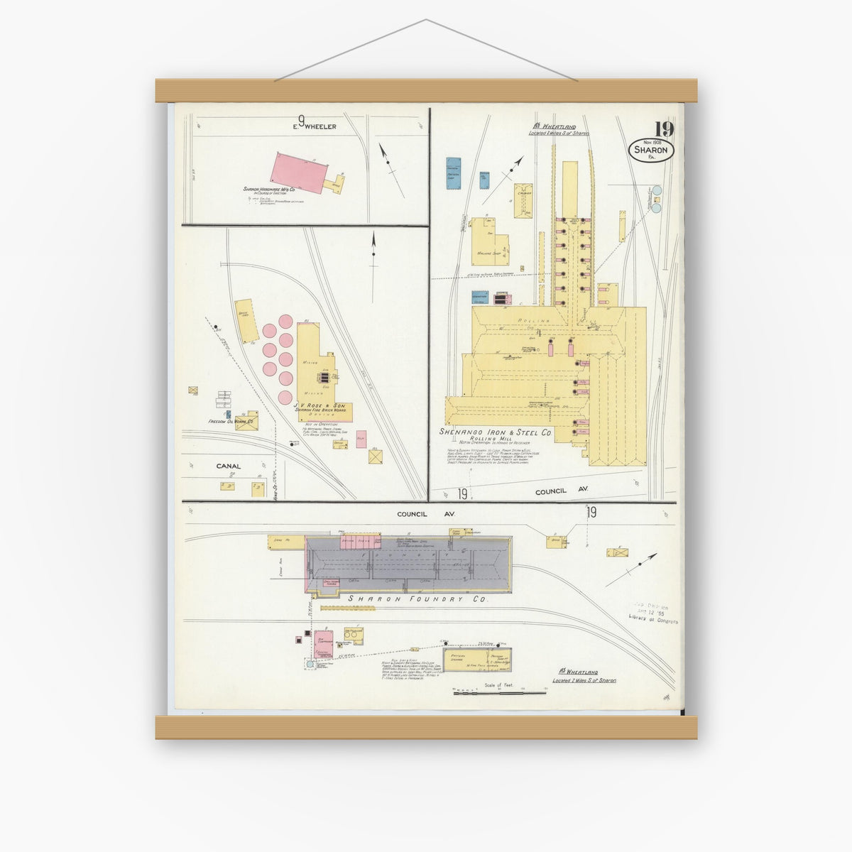 Old map wall art mockup — magnetic wood frame on white wall — Sanborn Fire Insurance Map from Sharon, Mercer County, Pennsylvania (1908), Sheet #0019