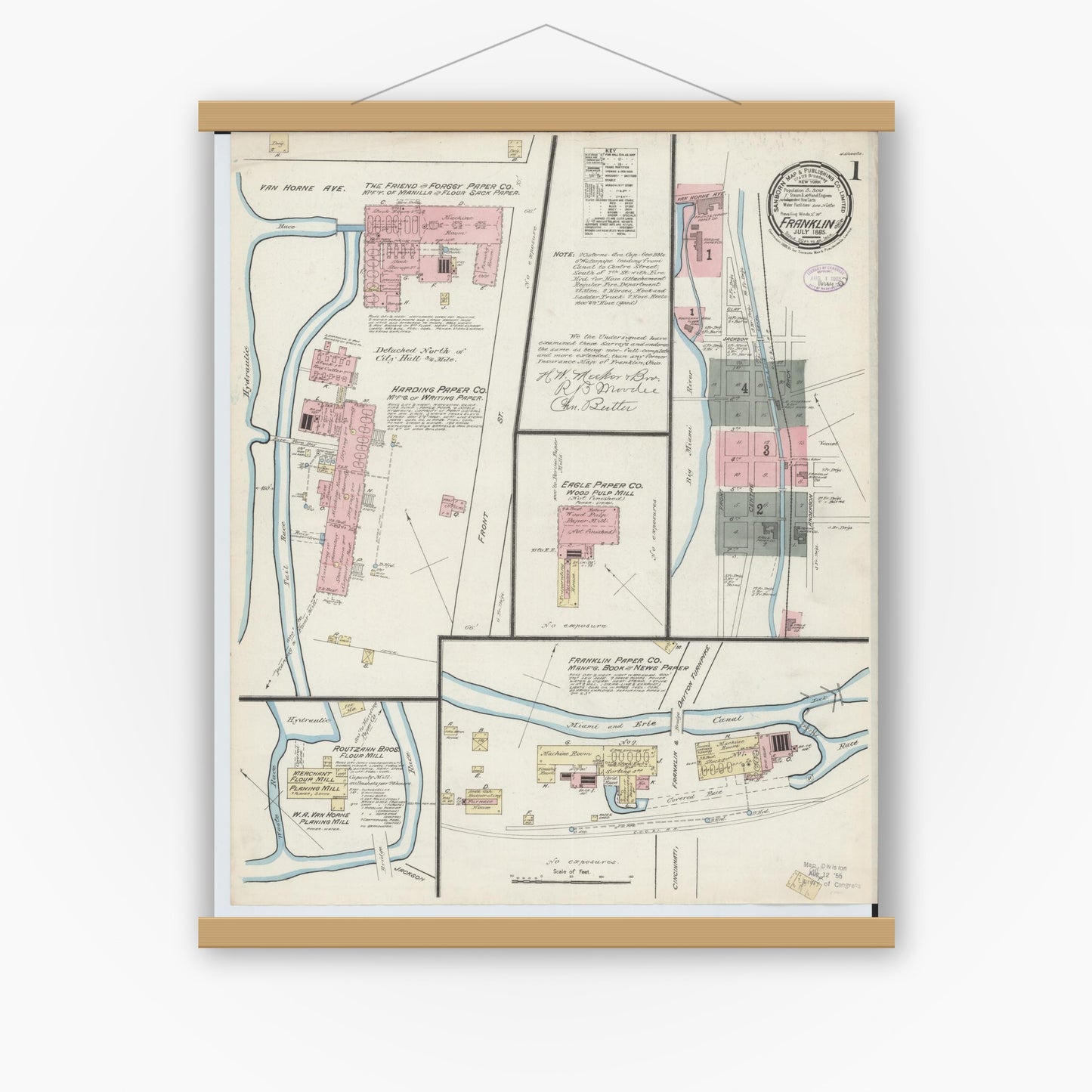 Old map wall art mockup — magnetic wood frame on white wall — Sanborn Fire Insurance Map from Franklin, Warren County, Ohio (1885), Sheet #0001