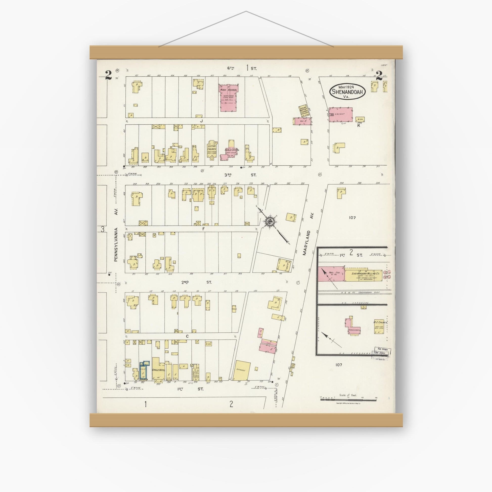 Old map wall art mockup — magnetic wood frame on white wall — Sanborn Fire Insurance Map from Shenandoah, Page County, Virginia (1924), Sheet #0002
