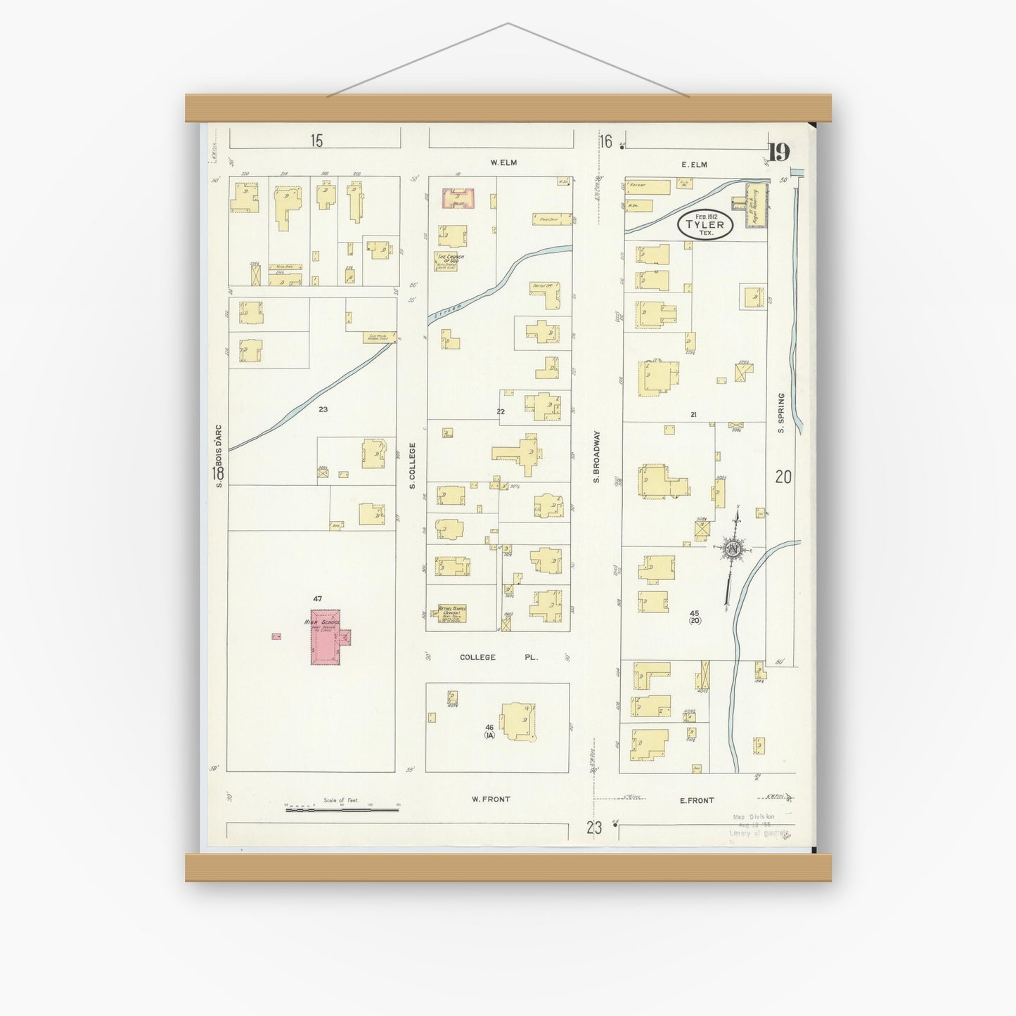 Old map wall art mockup — magnetic wood frame on white wall — Sanborn Fire Insurance Map from Tyler, Smith County, Texas (1912), Sheet #0019