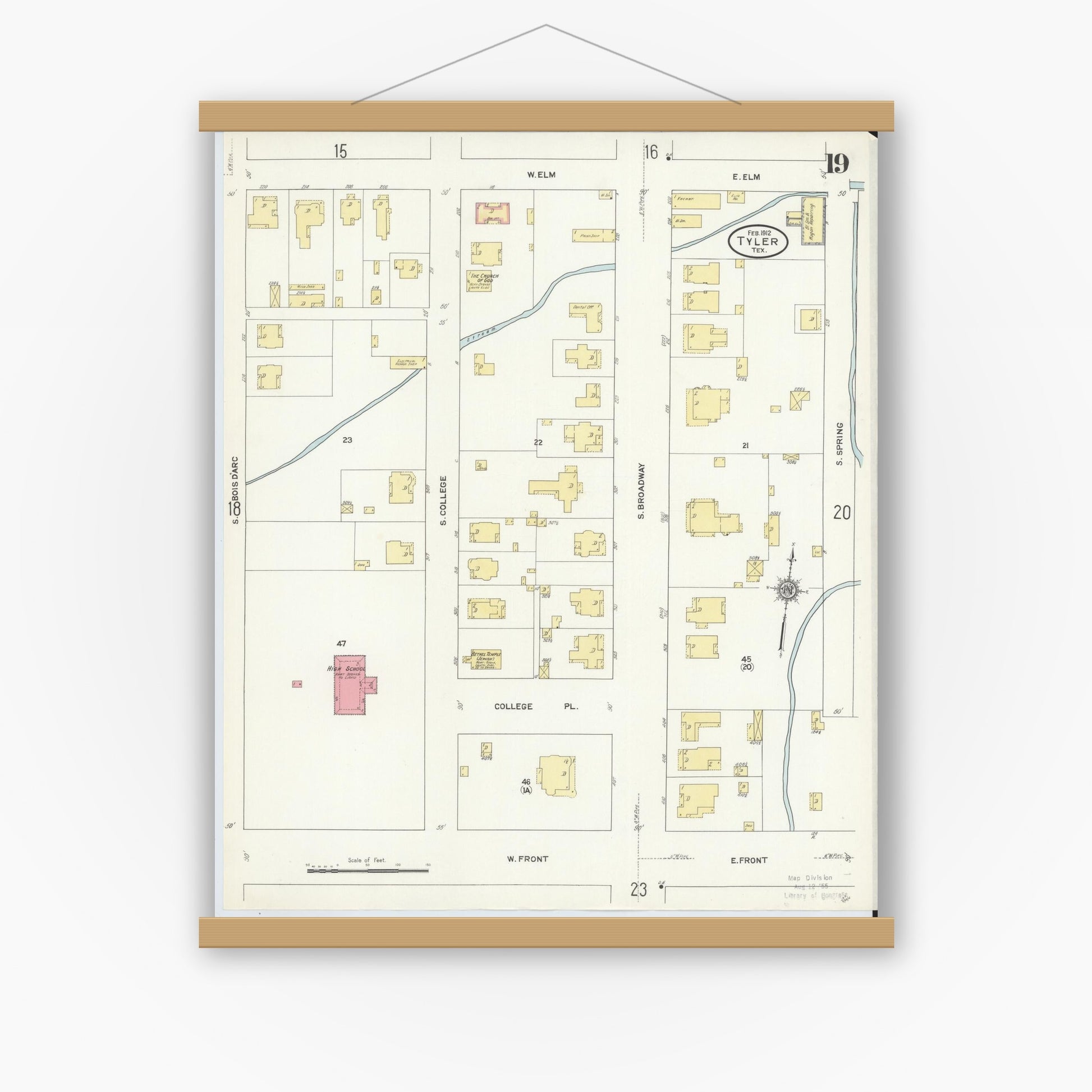 Old map wall art mockup — magnetic wood frame on white wall — Sanborn Fire Insurance Map from Tyler, Smith County, Texas (1912), Sheet #0019