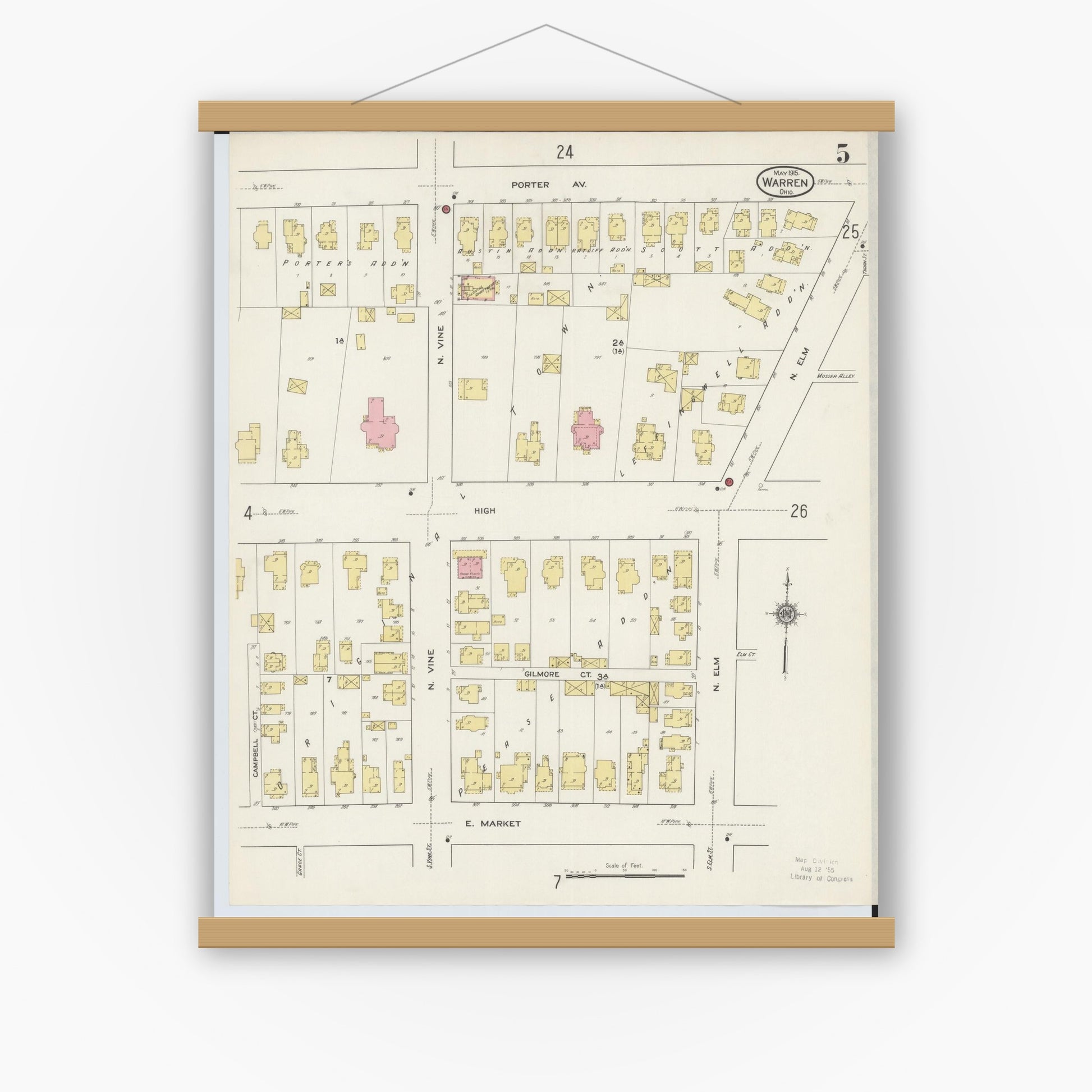Old map wall art mockup — magnetic wood frame on white wall — Sanborn Fire Insurance Map from Warren, Trumbull County, Ohio (1915), Sheet #0005