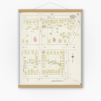 Old map wall art mockup — magnetic wood frame on white wall — Sanborn Fire Insurance Map from Warren, Trumbull County, Ohio (1915), Sheet #0005