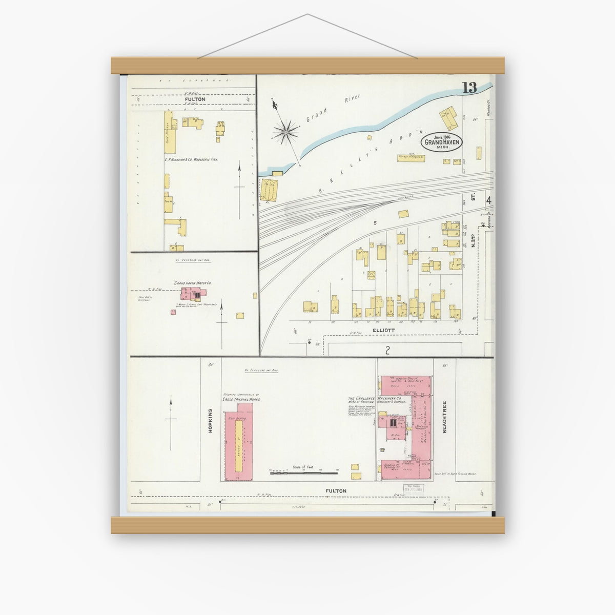 Old map wall art mockup — magnetic wood frame on white wall — Sanborn Fire Insurance Map from Grand Haven, Ottawa County, Michigan (1906), Sheet #0013