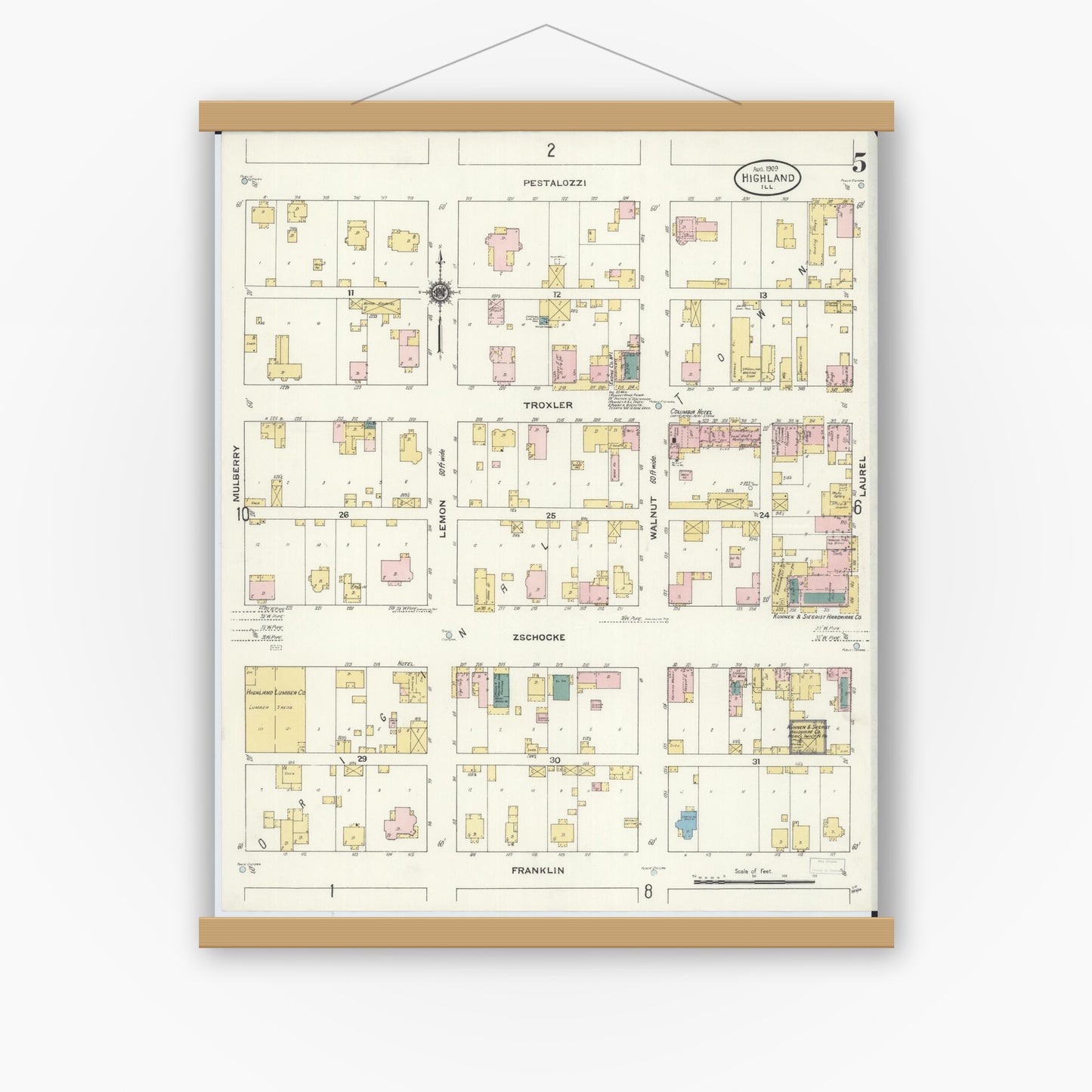 Old map wall art mockup — magnetic wood frame on white wall — Sanborn Fire Insurance Map from Highland, Madison County, Illinois (1908), Sheet #0005