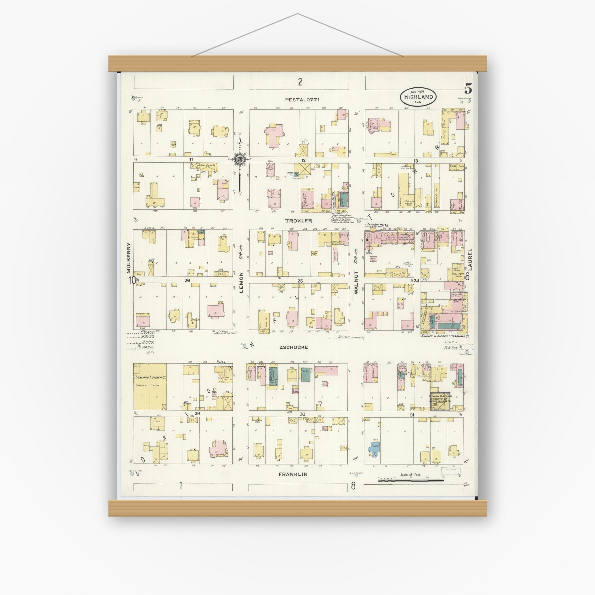 Old map wall art mockup — magnetic wood frame on white wall — Sanborn Fire Insurance Map from Highland, Madison County, Illinois (1908), Sheet #0005