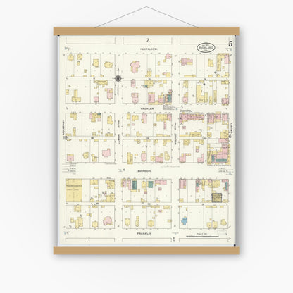 Old map wall art mockup — magnetic wood frame on white wall — Sanborn Fire Insurance Map from Highland, Madison County, Illinois (1908), Sheet #0005