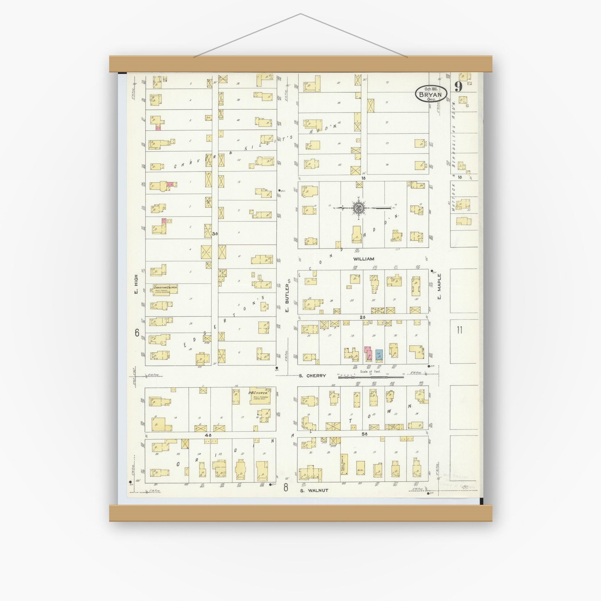Old map wall art mockup — magnetic wood frame on white wall — Sanborn Fire Insurance Map from Bryan, Williams County, Ohio (1911), Sheet #0009