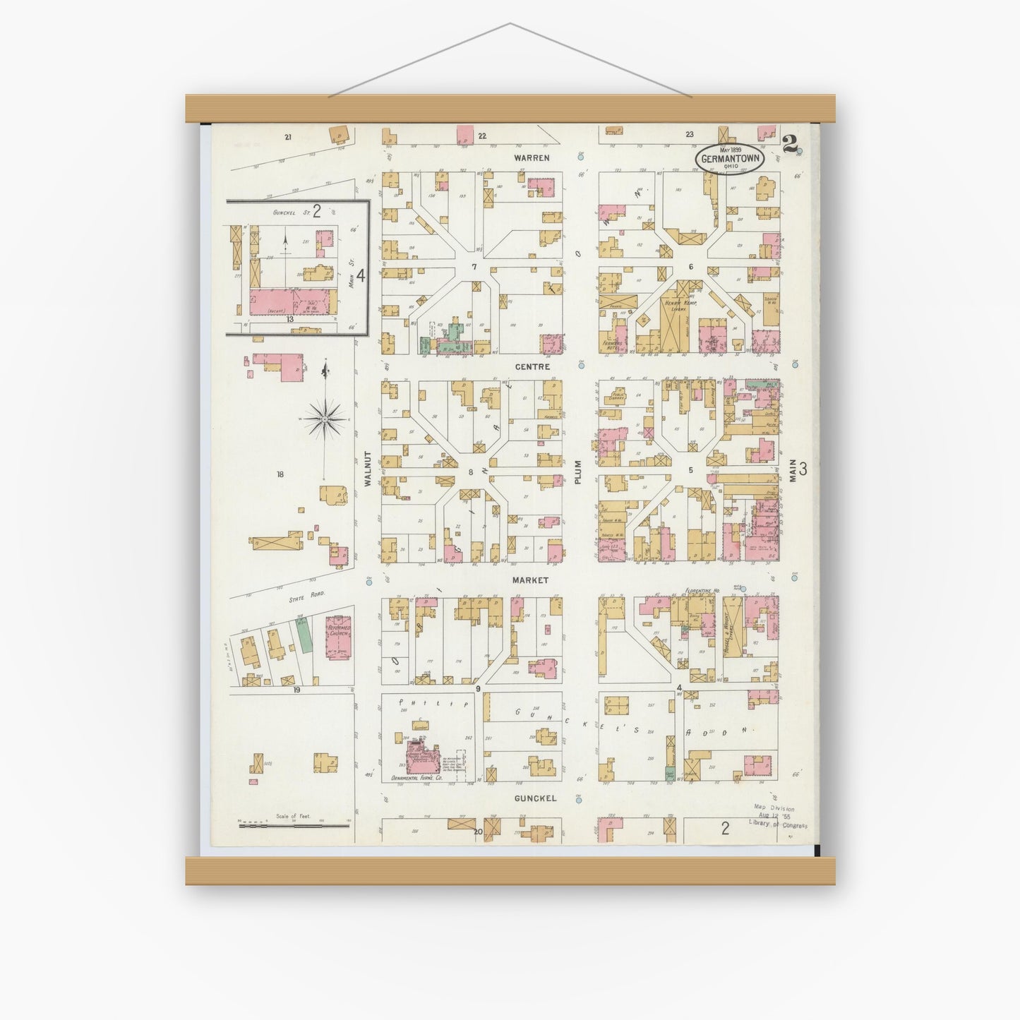 Old map wall art mockup — magnetic wood frame on white wall — Sanborn Fire Insurance Map from Germantown, Montgomery County, Ohio (1899), Sheet #0002
