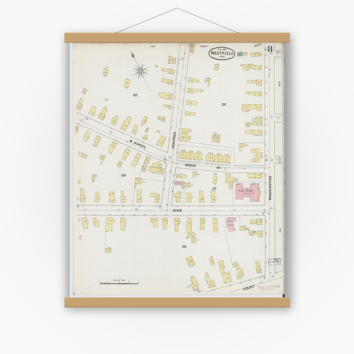Old map wall art mockup — magnetic wood frame on white wall — Sanborn Fire Insurance Map from Westfield, Hampden County, Massachusetts (1889), Sheet #0008