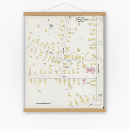 Old map wall art mockup — magnetic wood frame on white wall — Sanborn Fire Insurance Map from Westfield, Hampden County, Massachusetts (1889), Sheet #0008